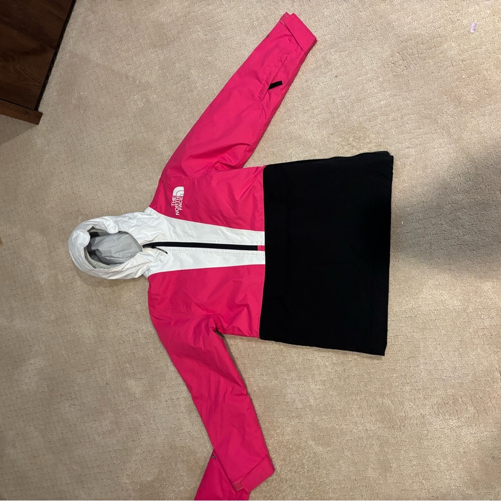 The North Face Pink and Black Jacket with White Hood and Blue The North Face Ves